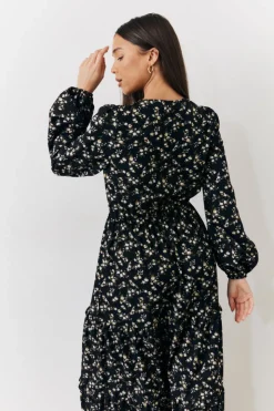 Sale In The Style Ditsy Floral Printed Wrap Midi Dress Black