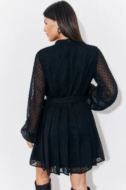 Best In The Style Dobby Belted Pleated Skater Mini Dress Black