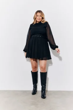 Best In The Style Dobby Belted Pleated Skater Mini Dress Black