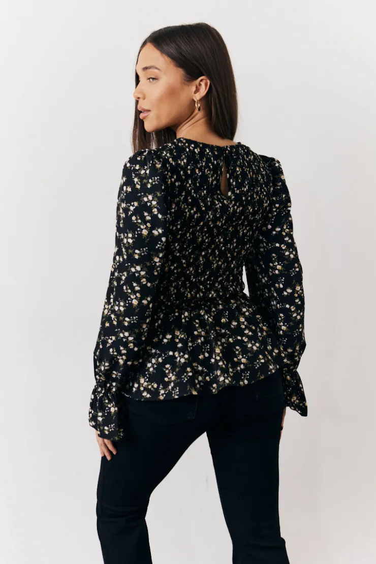 Sale In the Style Black Floral Shirred Bust Blouse Multi