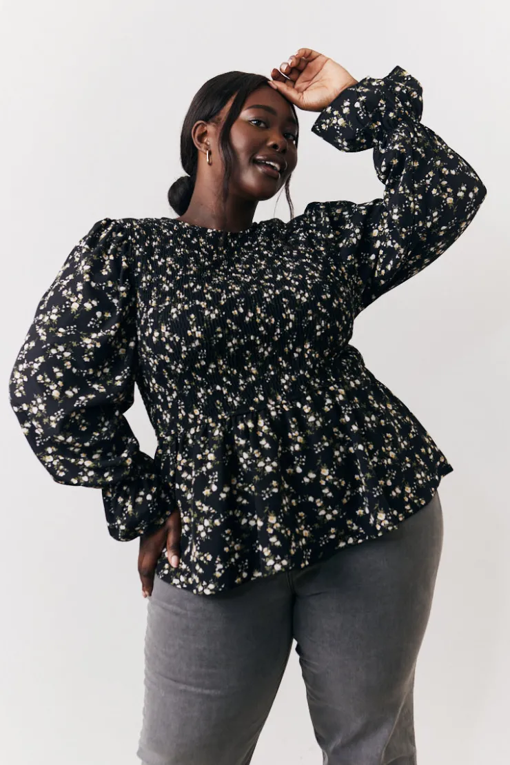 Sale In the Style Black Floral Shirred Bust Blouse Multi