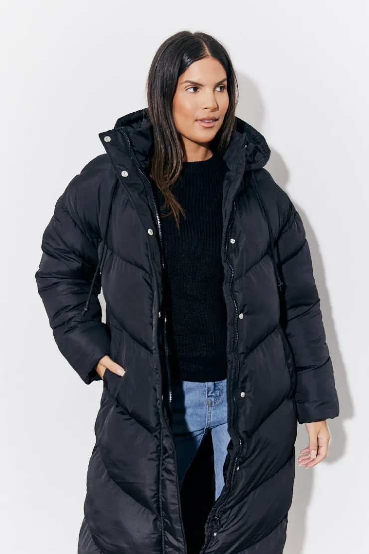 Clearance In the Style Hooded Longline Popper Puffer Coat Black