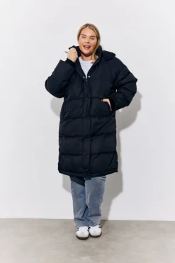 Clearance In the Style Hooded Longline Popper Puffer Coat Black