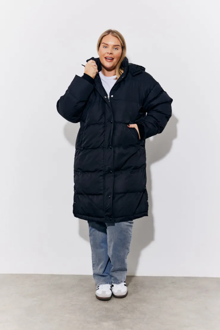 Clearance In the Style Hooded Longline Popper Puffer Coat Black