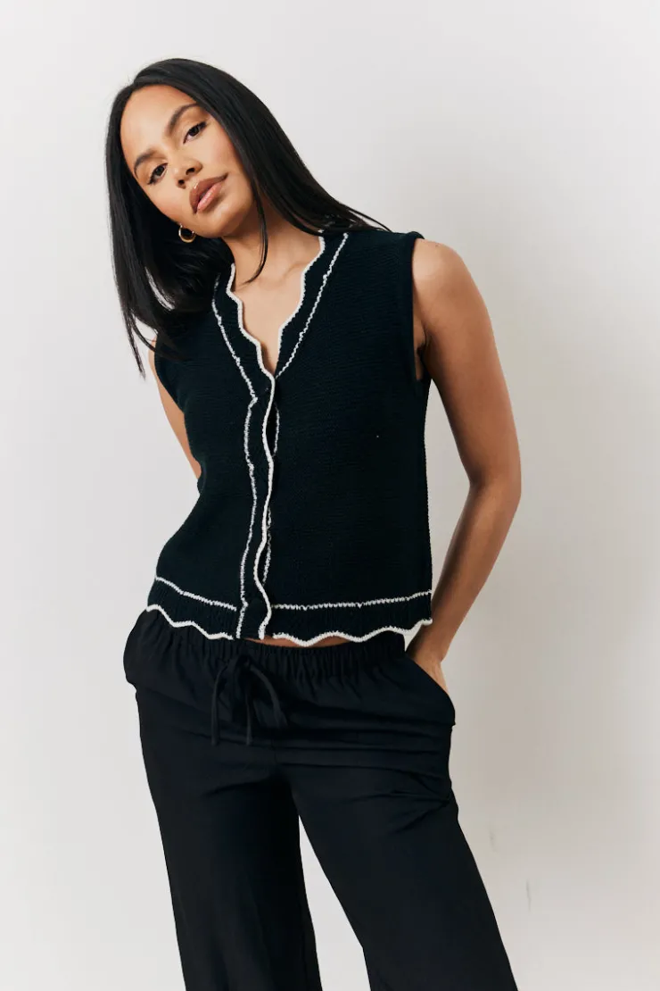 Sale In The Style Black Knitted Contrast Scallop Edge Waistcoat Monochrome