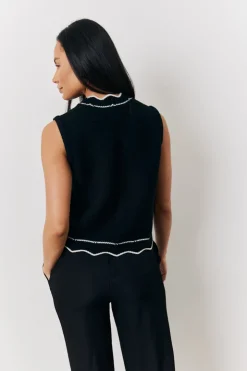 Sale In The Style Black Knitted Contrast Scallop Edge Waistcoat Monochrome