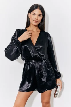 Sale In the Style Liquid Satin Belted Detail Playsuit Black