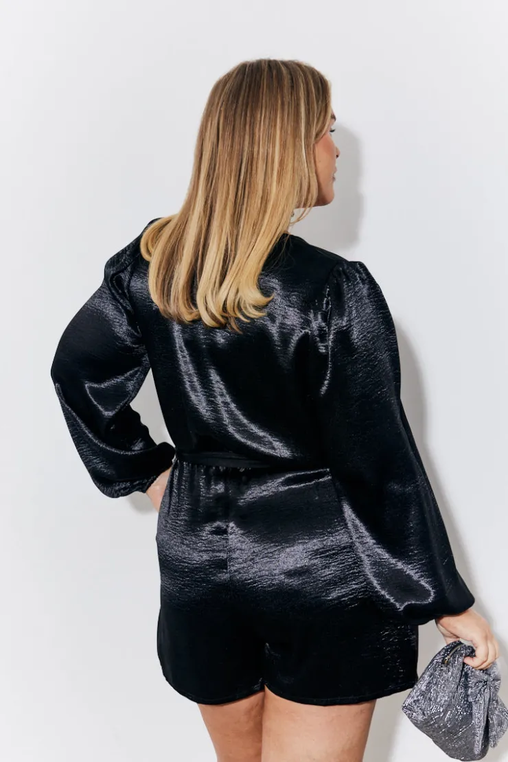 Sale In the Style Liquid Satin Belted Detail Playsuit Black