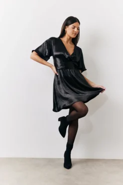 Clearance In the Style Liquid Satin Wrap Front Detail Mini Dress Black