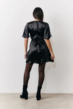 Clearance In the Style Liquid Satin Wrap Front Detail Mini Dress Black