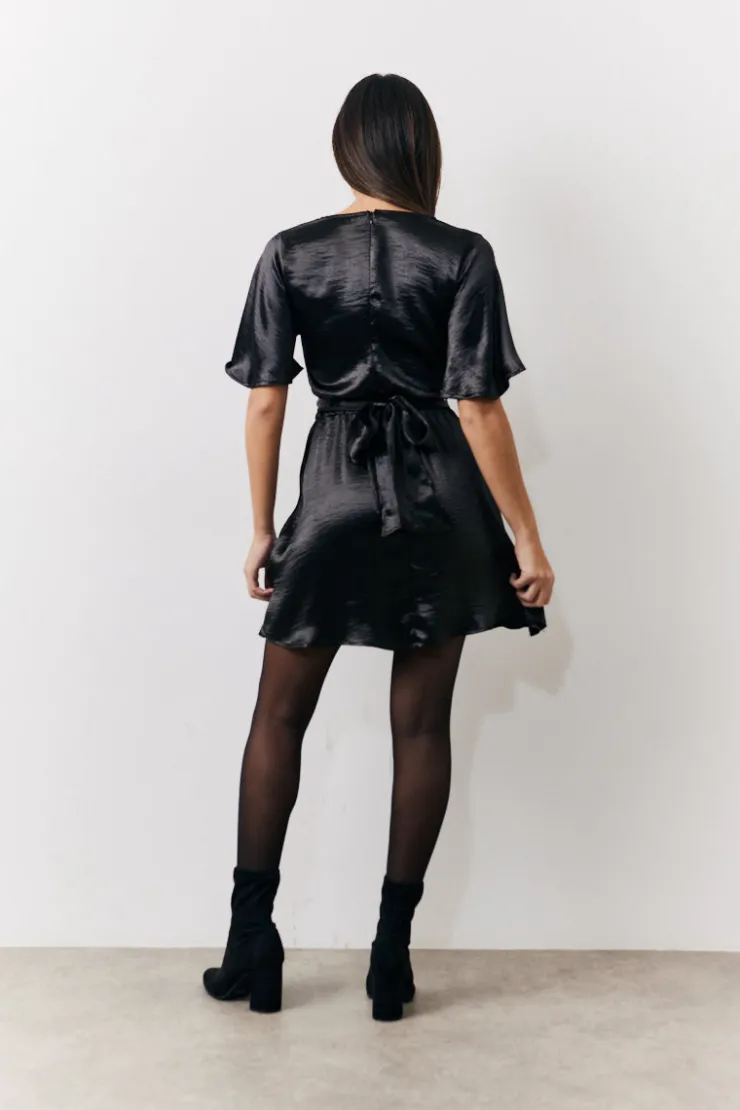 Clearance In the Style Liquid Satin Wrap Front Detail Mini Dress Black