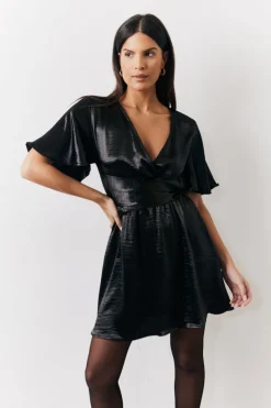 Clearance In the Style Liquid Satin Wrap Front Detail Mini Dress Black