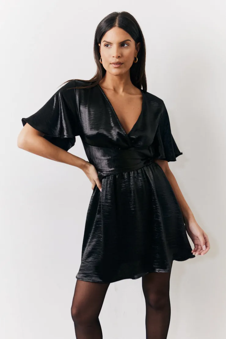 Clearance In the Style Liquid Satin Wrap Front Detail Mini Dress Black