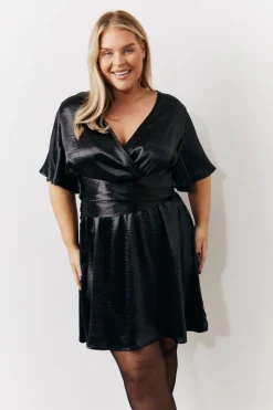 Clearance In the Style Liquid Satin Wrap Front Detail Mini Dress Black
