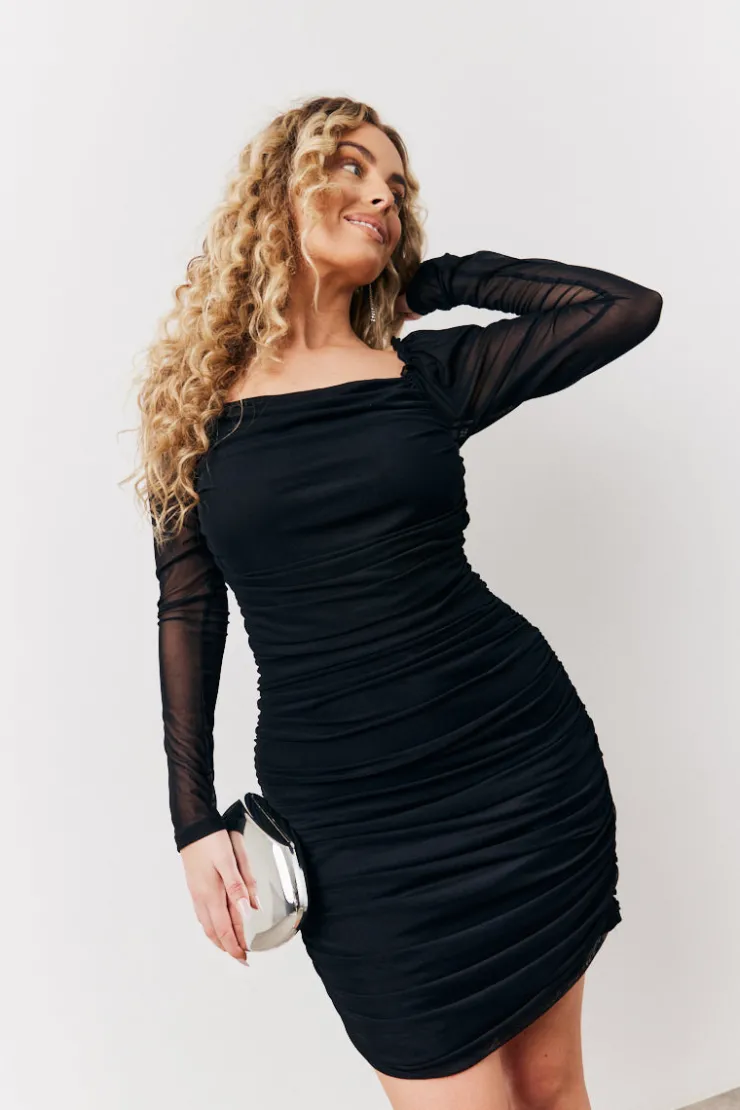 Clearance In the Style Mesh Ruched Detail Mini Dress Black