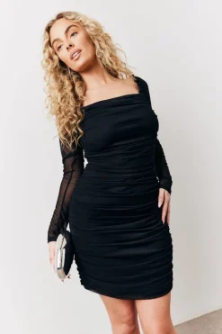 Clearance In the Style Mesh Ruched Detail Mini Dress Black