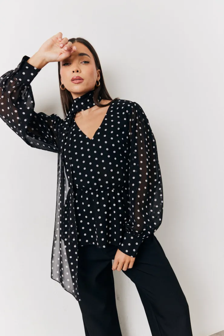New In The Style Polka Dot Tie Neck Blouse Black