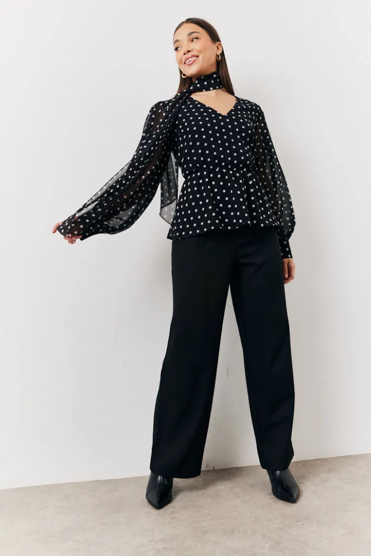 New In The Style Polka Dot Tie Neck Blouse Black