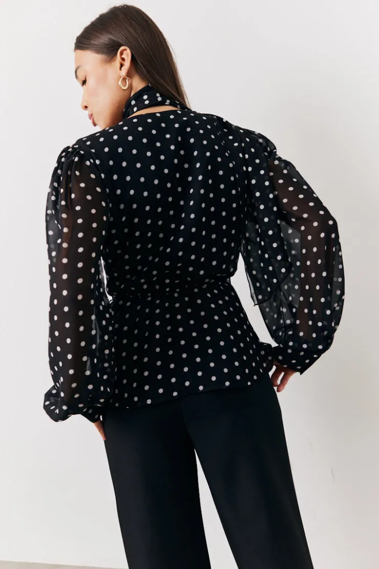 New In The Style Polka Dot Tie Neck Blouse Black