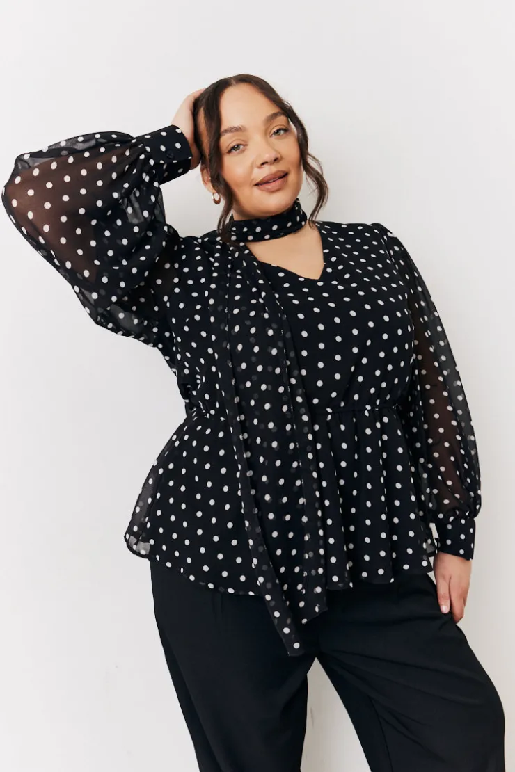 New In The Style Polka Dot Tie Neck Blouse Black