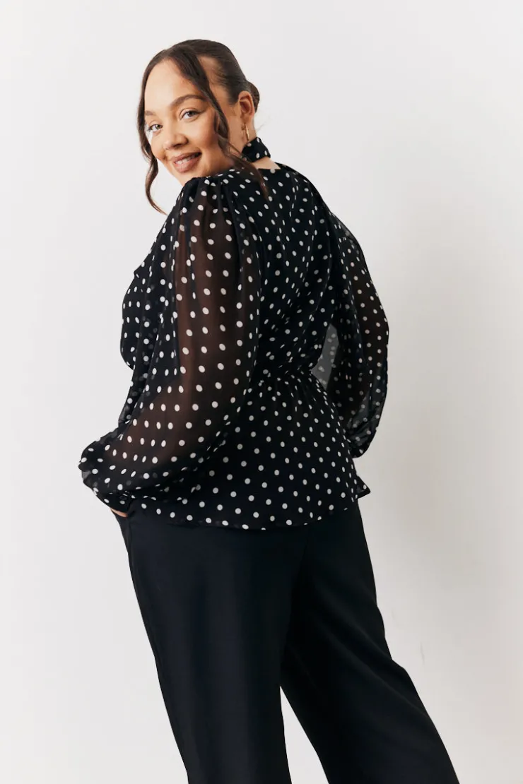 New In The Style Polka Dot Tie Neck Blouse Black