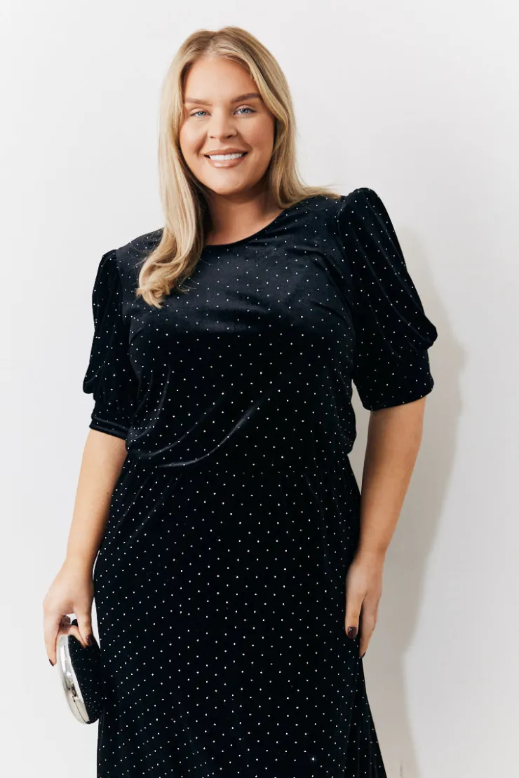 Online In the Style Puff Sleeve Studded Velour Midi Dress Black