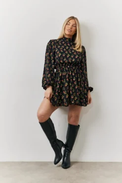 Hot In the Style Rose Print High Neck Mini Dress Black