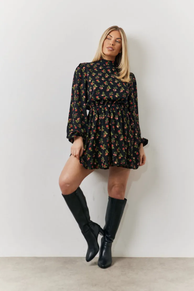 Hot In the Style Rose Print High Neck Mini Dress Black