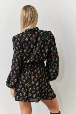 Hot In the Style Rose Print High Neck Mini Dress Black