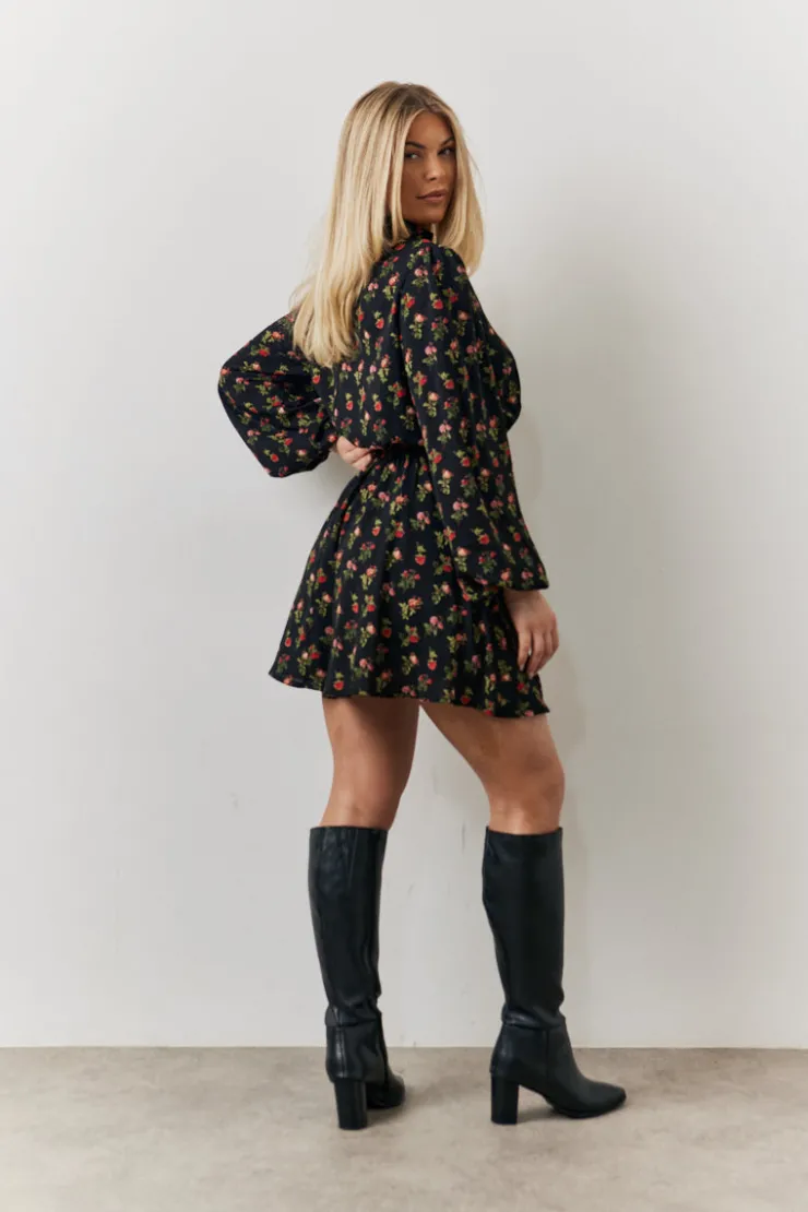Hot In the Style Rose Print High Neck Mini Dress Black