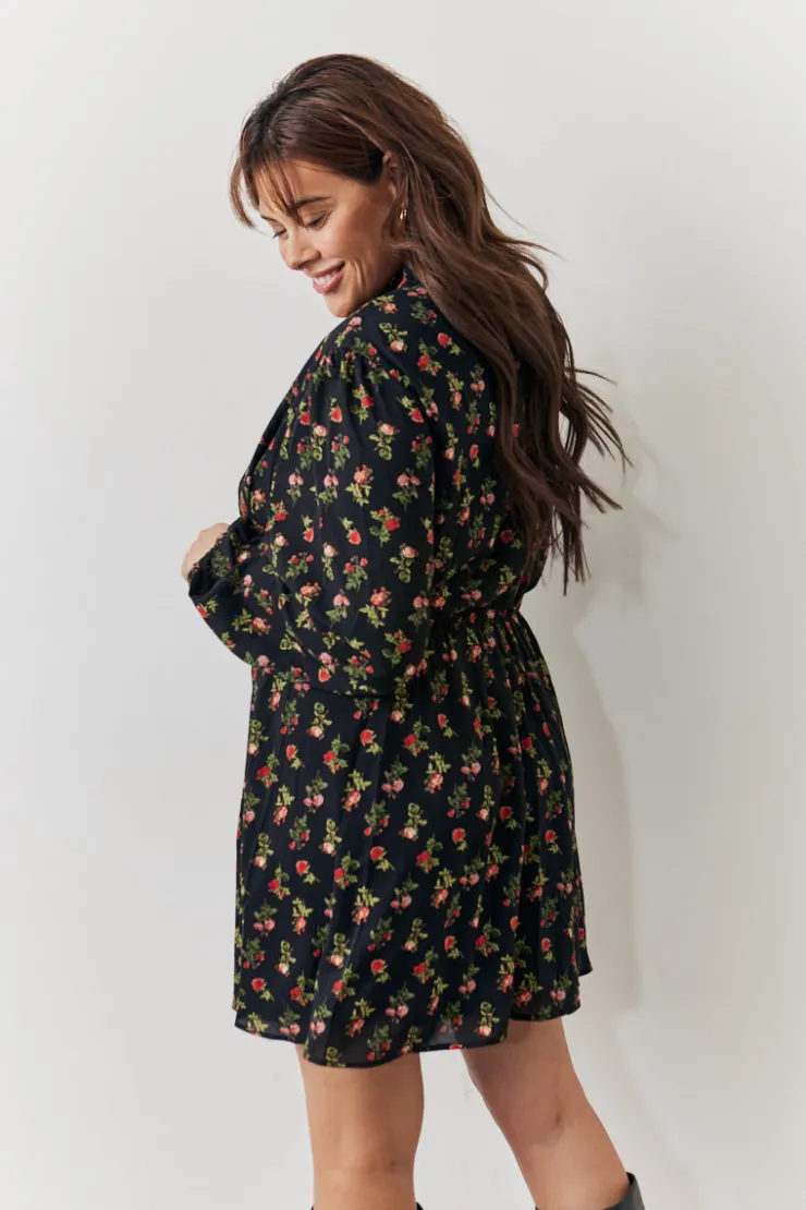 Hot In the Style Rose Print High Neck Mini Dress Black