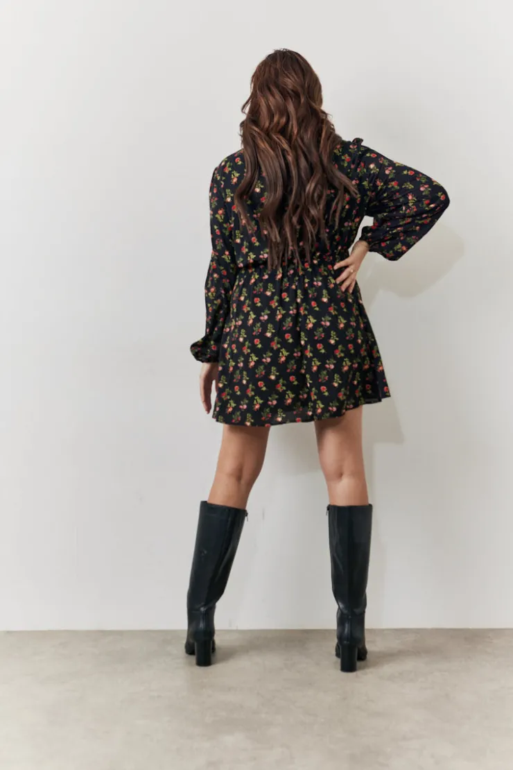 Hot In the Style Rose Print High Neck Mini Dress Black