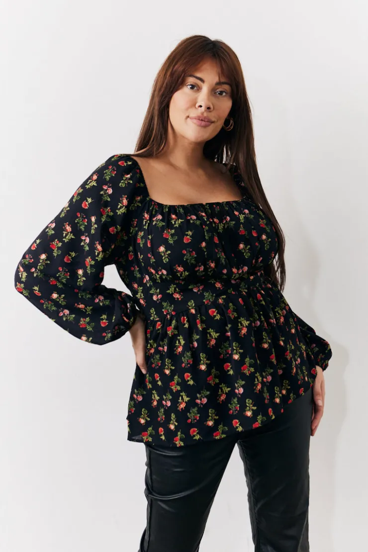 Sale In the Style Rose Print Smock Top Black
