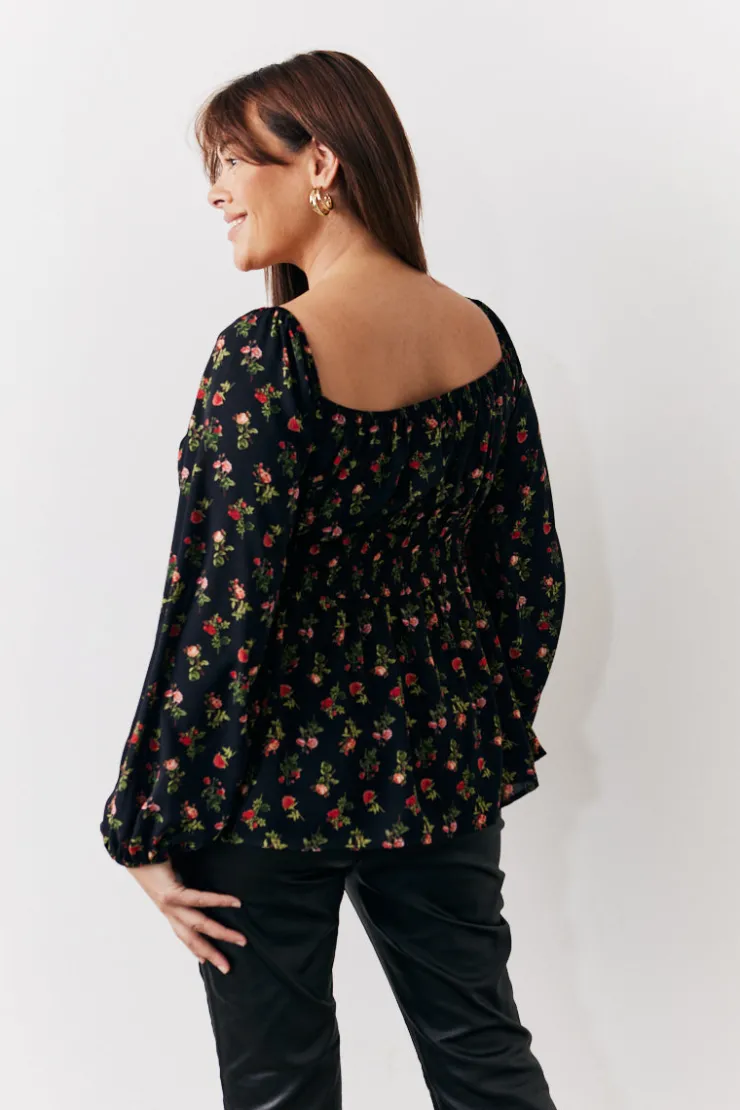 Sale In the Style Rose Print Smock Top Black