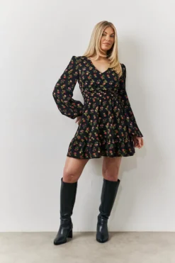 Clearance In the Style Rose Print Wrap Front Mini Skater Dress Black