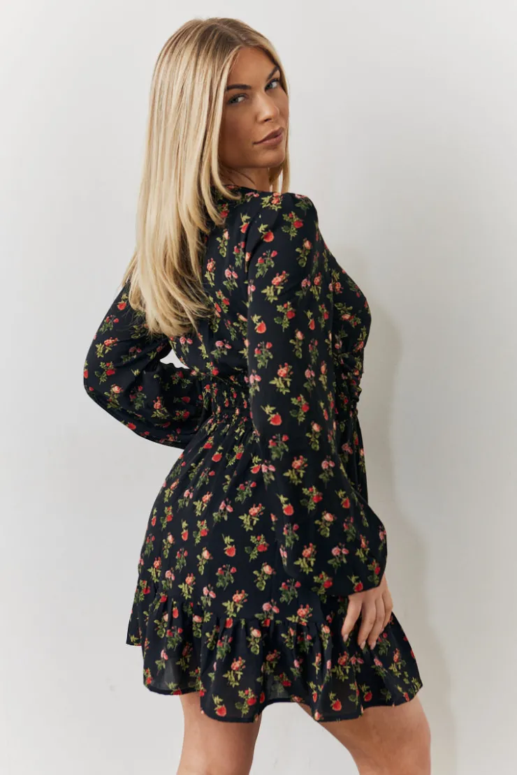 Clearance In the Style Rose Print Wrap Front Mini Skater Dress Black