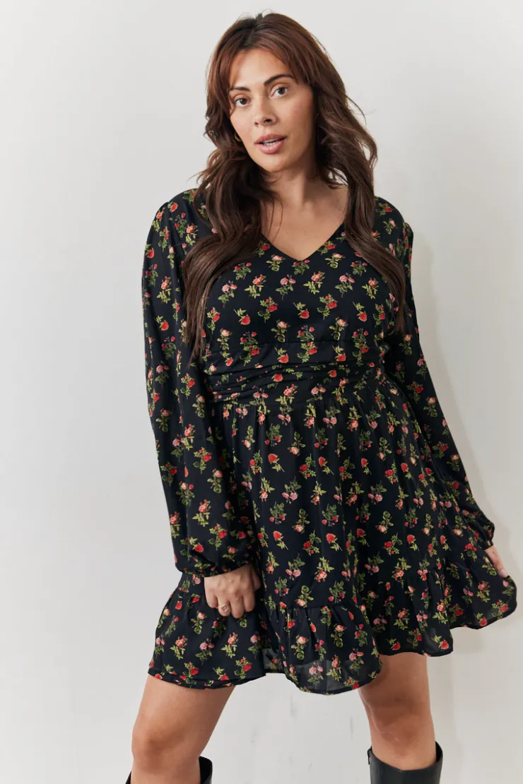 Clearance In the Style Rose Print Wrap Front Mini Skater Dress Black
