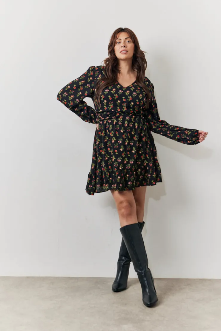 Clearance In the Style Rose Print Wrap Front Mini Skater Dress Black