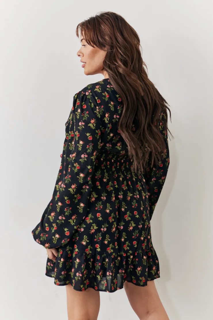 Clearance In the Style Rose Print Wrap Front Mini Skater Dress Black