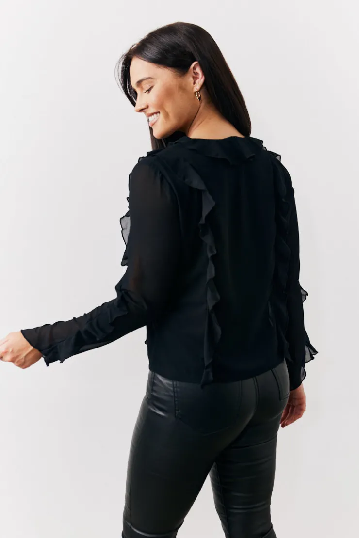 Hot In The Style Ruffle Chiffon Blouse Black