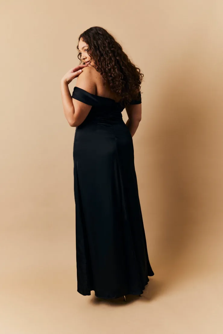 Hot In The Style Satin Bardot Ruched Maxi Dress Black