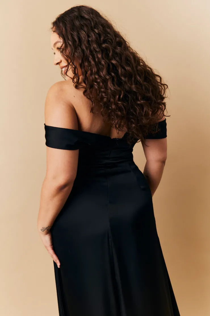 Hot In The Style Satin Bardot Ruched Maxi Dress Black
