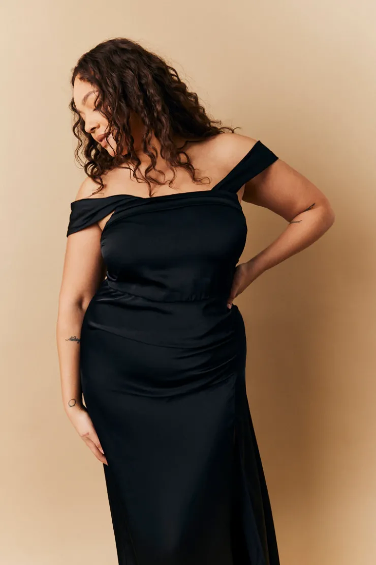 Hot In The Style Satin Bardot Ruched Maxi Dress Black