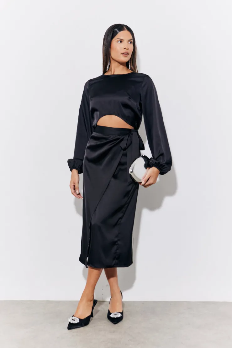 Hot In the Style Satin Wrap Midi Skirt Black