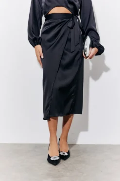 Hot In the Style Satin Wrap Midi Skirt Black