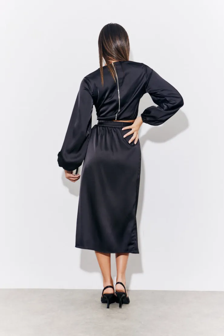 Hot In the Style Satin Wrap Midi Skirt Black