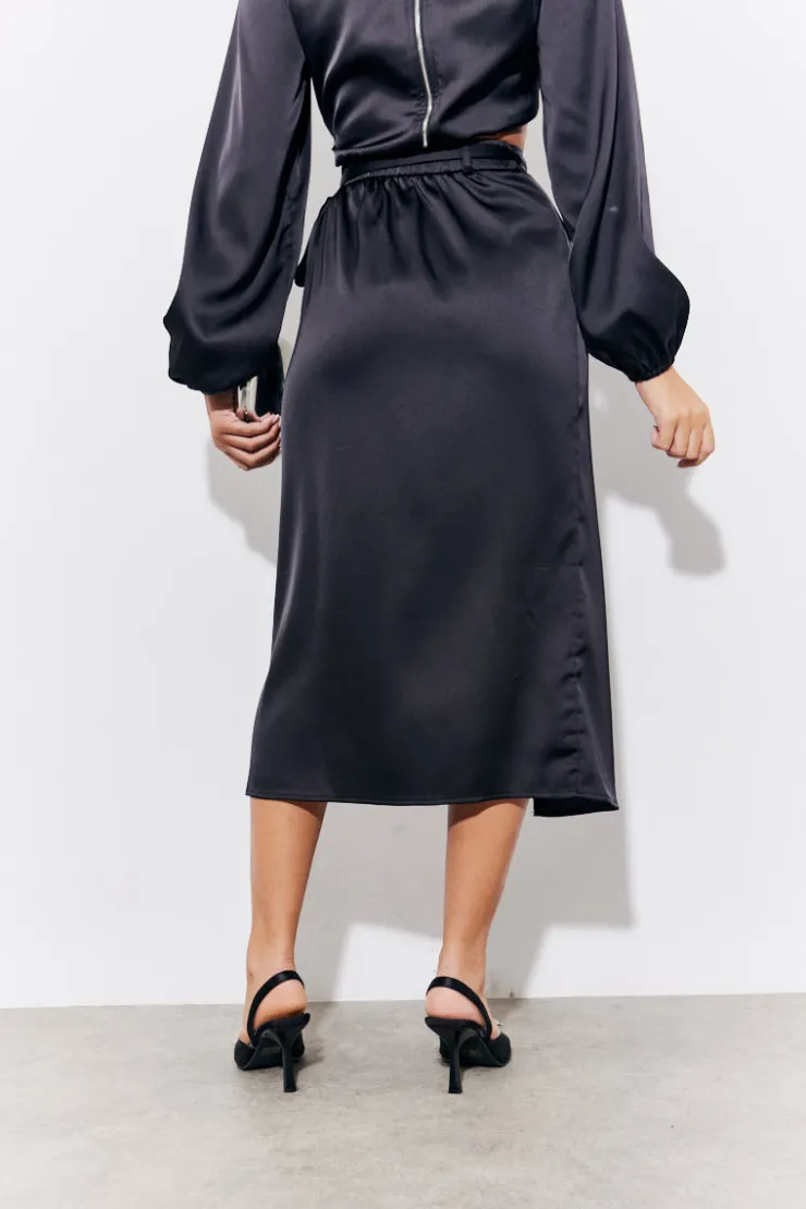Hot In the Style Satin Wrap Midi Skirt Black