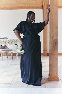 Best In The Style Satin Wrap Tie Angel Sleeve Maxi Dress Black
