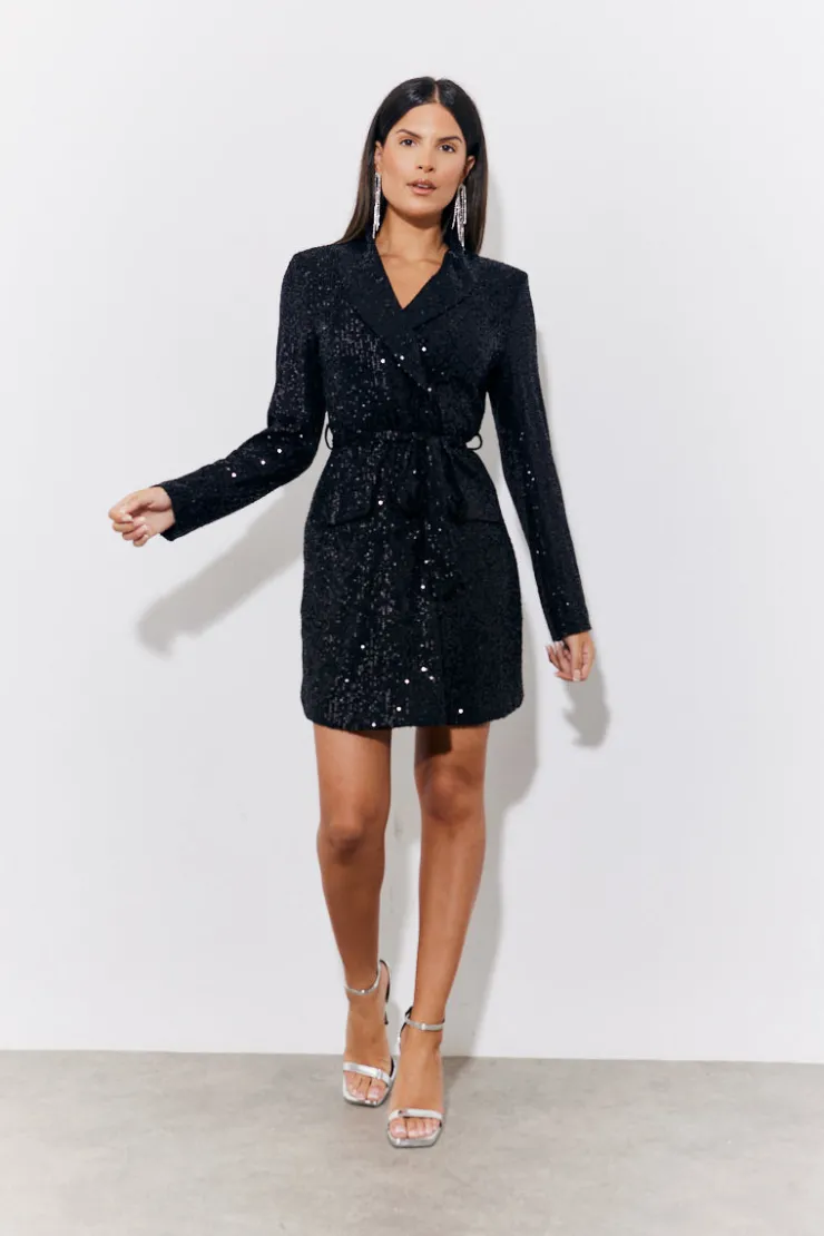 Hot In the Style Sequin Belted Blazer Dress Black