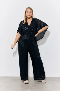 Hot In the Style Sequin Cape Style Wide Leg Jumpsuit Black